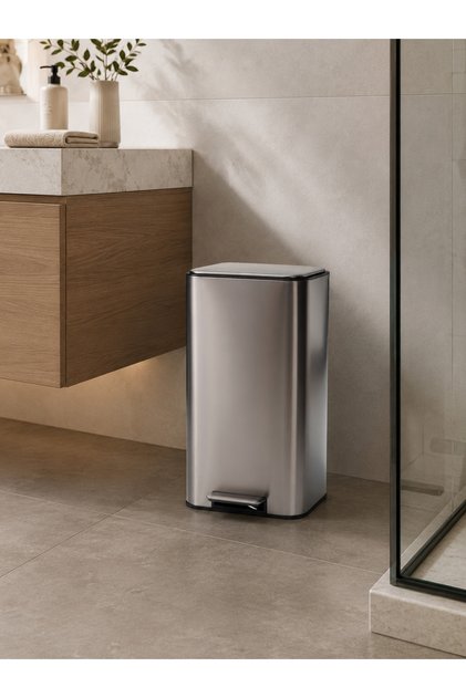 Square Mat Metalik Açık Gri Pedallı Çöp Kovası 30 L