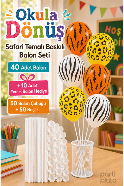 Back to School 50-Piece Safari Themed Printed Balloon and Stick Set Gift for Kindergarten and Primary School Children