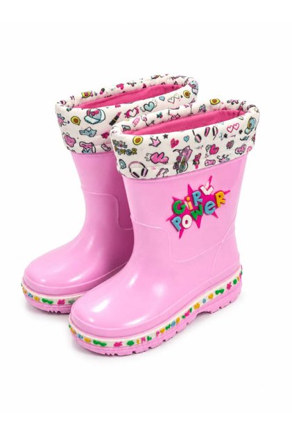 Girl's Pink Rain Boots - Girl Power Patterned, Non-Slip Sole