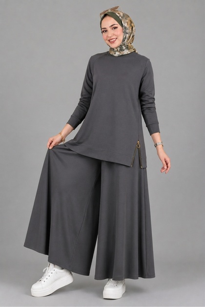 Modal Fabric Zippered Tunic and Trouser Skirt 2-Piece Hijab Set - Anthracite