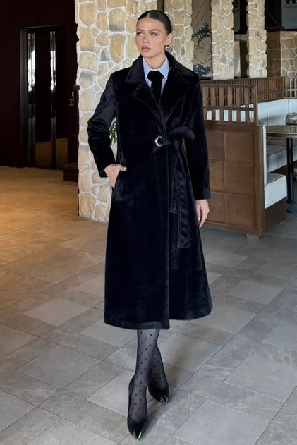 Women's Gold Buckled Belted Inner Lined Bearded Coat