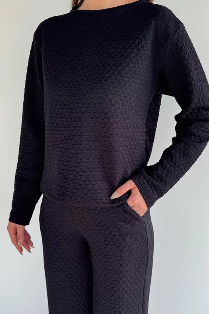 Self-Patterned Blouse and Trousers Two-Piece Set