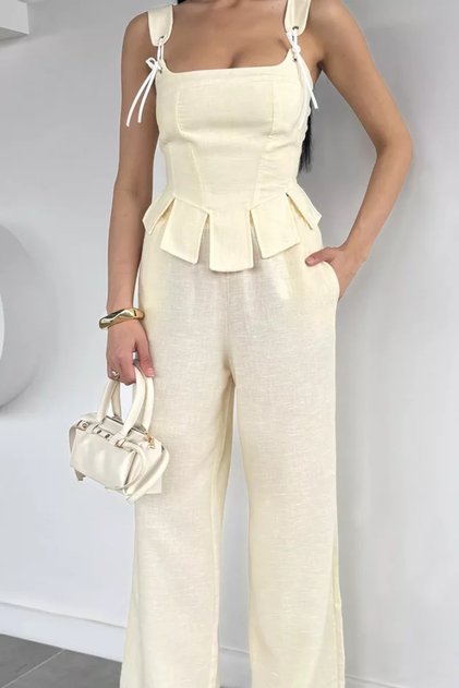 Women's Thick Strap Back Zipper Blouse Elastic Waist Pants Two-Piece Set