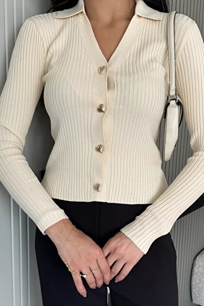 Women's Polo Collar Gold Buttoned Knitwear Cardigan (Available in Sizes S-M-L.)