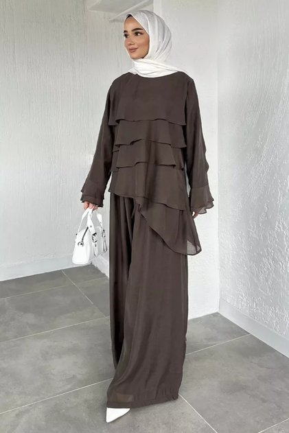 Lined Layered Detailed Blouse and Pants Hijab Double Set