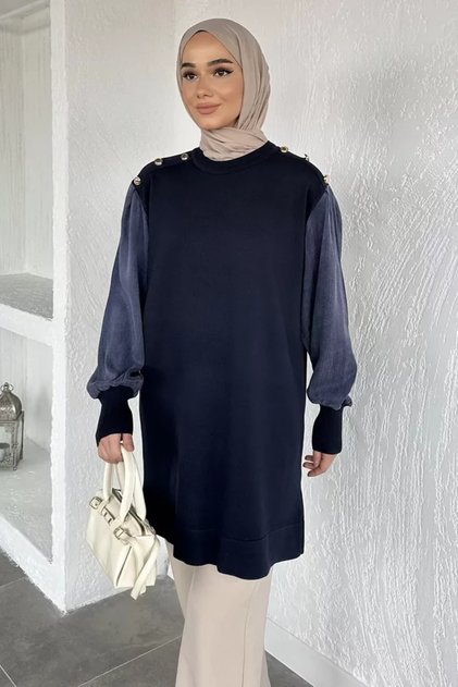 Gülseli Crew Neck Button Detailed Hijab Knitwear Tunic
