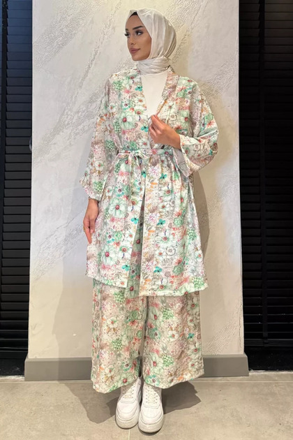 Floral Patterned Kimono Pants Hijab Double Set