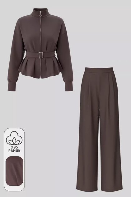 Women's Belt Detailed Jacket and Elastic Waist Pants Double Set