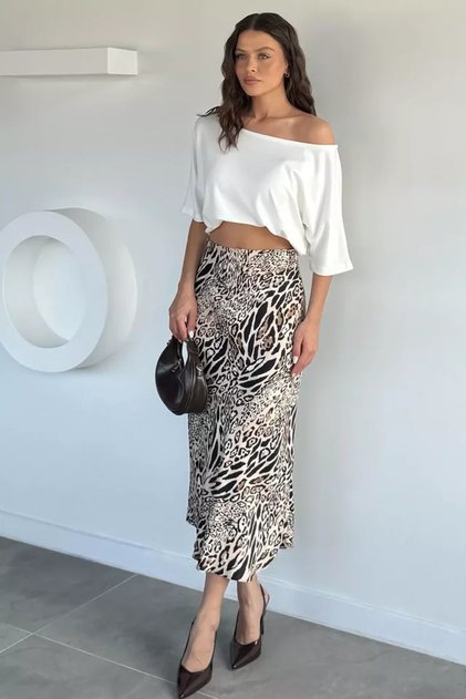 Women's Patterned Satin Skirt with Elastic Waist