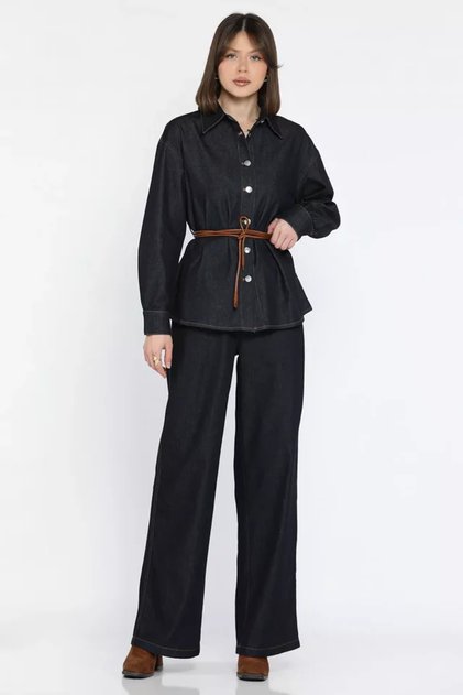 Waist Belt Detailed Shirt Pants Jean Denim Two-Piece Set