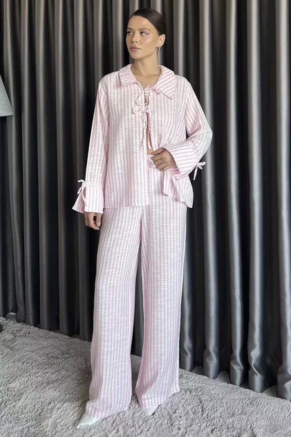 Front-Tie Striped Blouse and Trousers Two-Piece Set