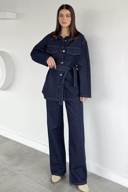 Women's Waist Belted Jean Denim Jacket and Pants Two-Piece Set