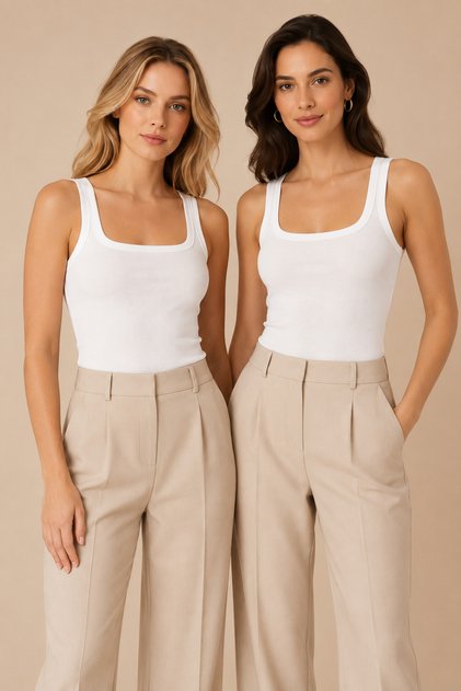 Women's 2-Piece Square Neck Wide Strap 100% Cotton Camisole Basic Undershirt White