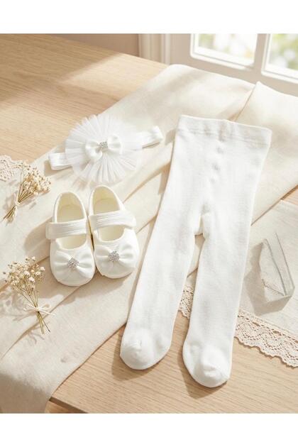 Baby Girl Newborn Tights, Bandana, Booties Set of 3, Hospital Release Mevlütlük Gift Set, Hair Band with Bow Detail