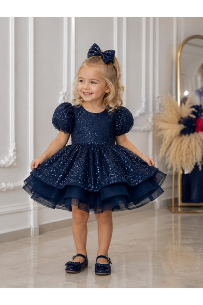 Navy Blue Beaded Balloon Sleeve Girl's Wedding Henna Dress
