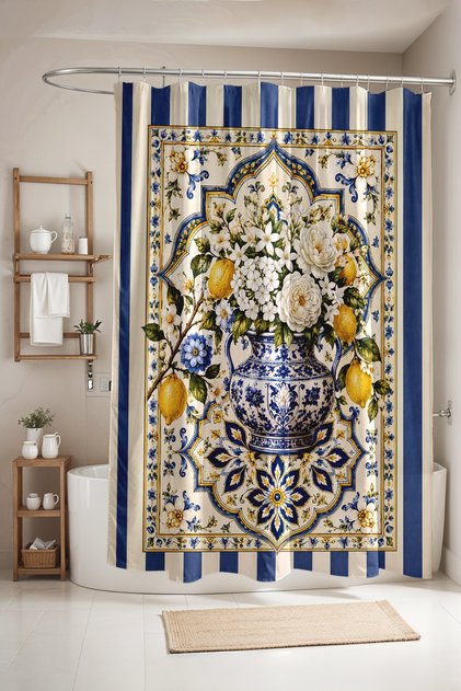 Bathroom Curtain, White Roses Patterned Shower Curtain in a Vase, Bathtub Curtain 175X200Cm