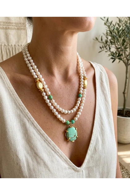 Natural Stone Women's Necklace Real Pearl Turquoise Stone End Steel Gold Detailed Vintage Bohemian Jewelry