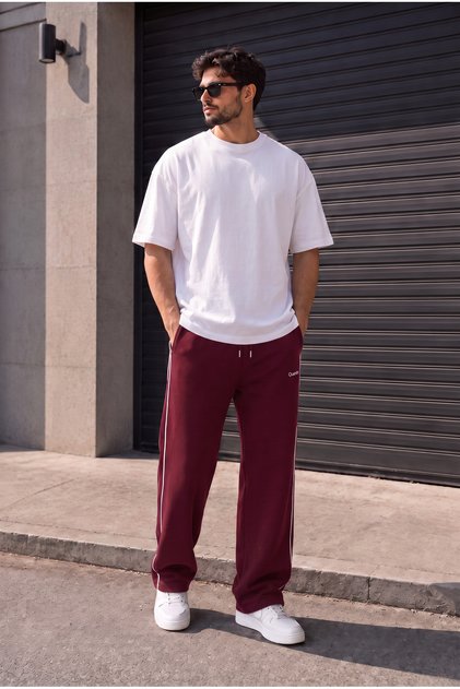 Bordo Yan Çift Kıl Biyeli Baggy Eşofman Rahat Kalıp 2 Cepli Fermuarlı