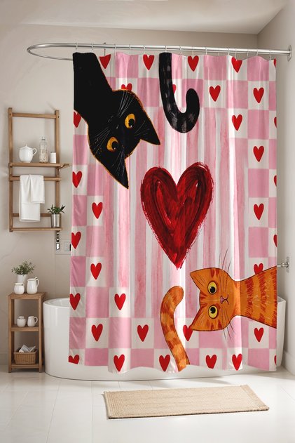 Bathroom Curtain, Hearts and Cats Patterned Shower Curtain, Bathtub Curtain 175X200Cm