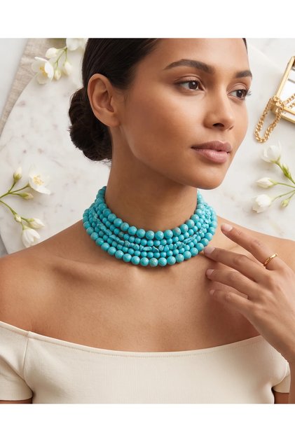 Natural Stone Women's Necklace Turquoise Turquoise Stone Choker Chocker Steel Gold Detailed Vintage Bohemian Jewelry