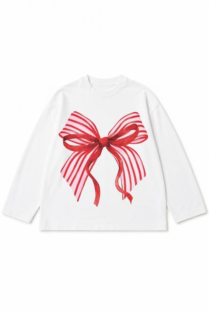 Girl's Oversize Bow Printed Long Sleeve T-Shirt