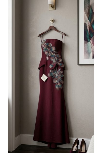 Women Burgundy Embroidered Mermaid Evening Gown Sleeveless Luxury Evening Dress