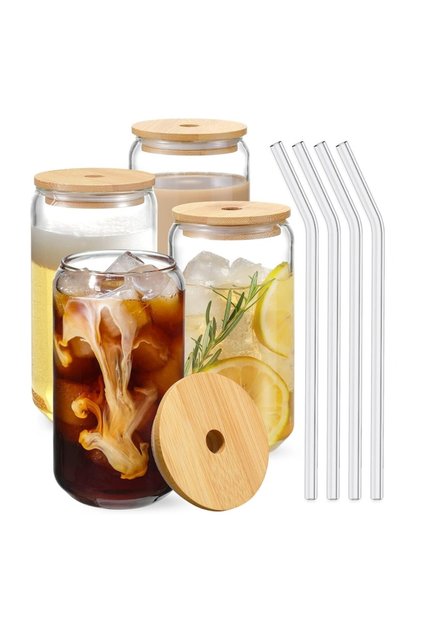 ®   Set de 4 pahare din sticlă borosilicată cu capace din bambus și paie, 500 ml