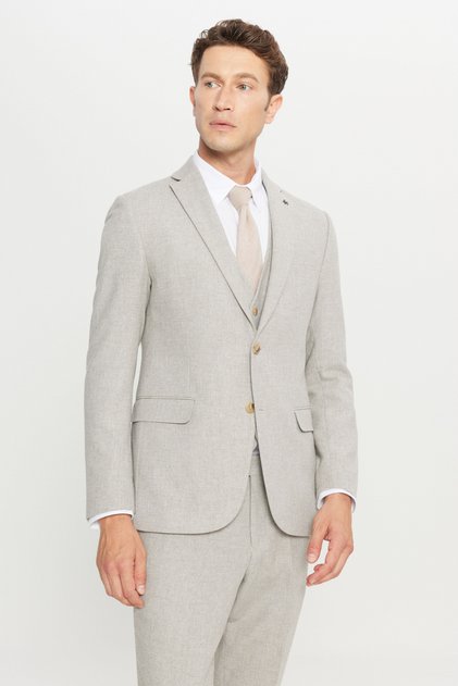 Men's Beige Wool Slim Fit Mono Collar Vest Suit with Flap Pockets
