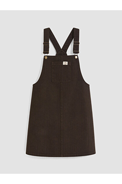 LCW Comfort Kahverengi Kare Yaka Jean Salopet Elbise