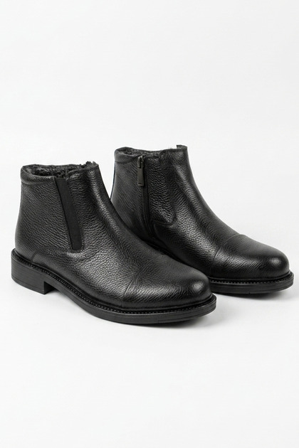 Black Natural Printed Genuine Leather Men's Boots with Fur Plush Lining Zippered and Elastic Classic Casual Winter Men's Real Leather Boots