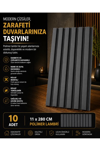 Polimer Duvar Paneli ve Duvar Lambrisi ve Vestiyer Tv Ünistesi Dekoratif Paneli 11 X280 (10 ADET) antrasit renk