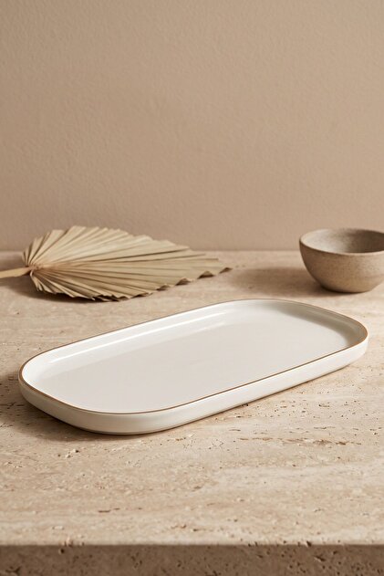 Modern Gold Altın Yaldızlı Krem Porselen Kayık Servis Tabağı 30 cm