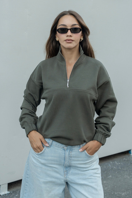 Women's Khaki Half-Zipper High Collar Oversize Sweatshirt Elastic Comfortable Fit