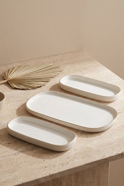 Modern Gold Gilded Cream Porcelain 3-Piece Kayık Serving Plate Set