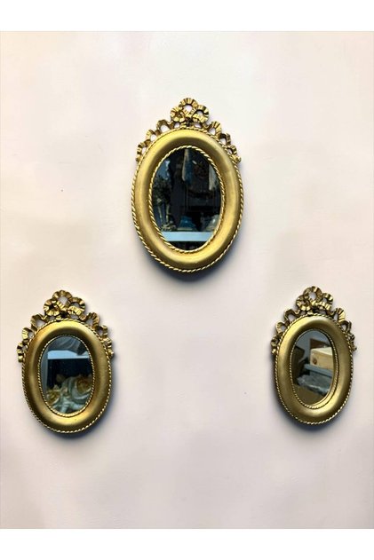 Dekoratif Polyester Üçlü Oval Kurdela Model Ayna Takımı Gold