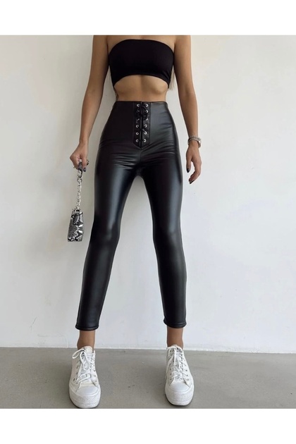 Soft Matte Leather Look Trousers with Eyelet Ties