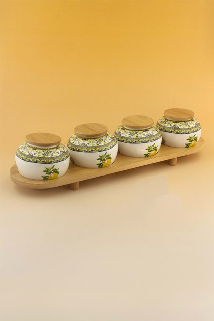 Capri Lemon Bamboo 4-Piece Porcelain Spice Set with Stand