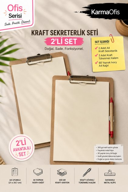 Kraft A4 Sekreterlik Seti – 300 Gr Kraft Altlık, Ivory Kağıt ve Tükenmez Kalem | 2’li Set