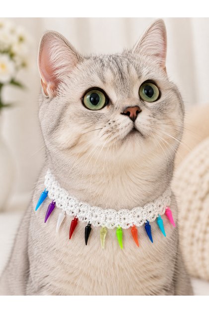 Cat Collar with White Color Pendant, Handmade Knitted Cat Neck Accessory