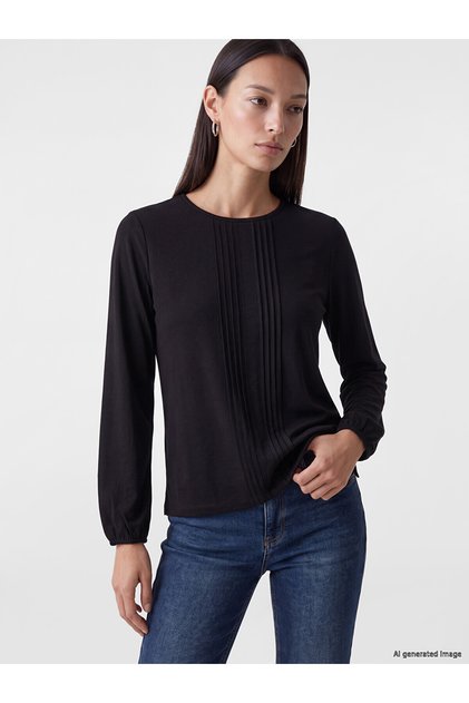 Alita City Black Combed Cotton Plain Oval Neck Long Sleeve Women's Blouse with a Difference