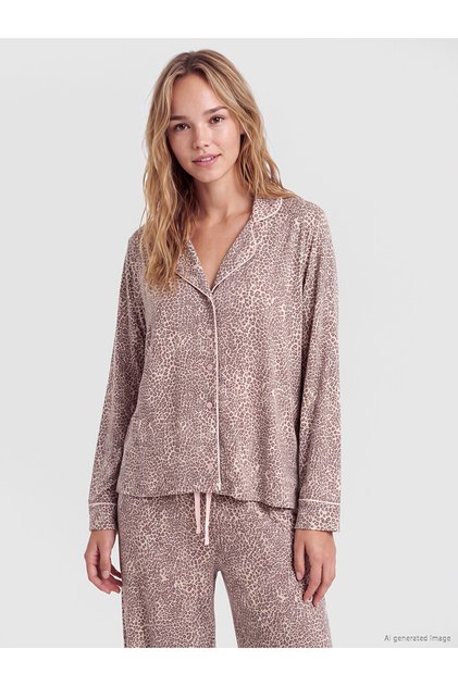 Lcw Dream Ecru Shirt Collar Leopard Patterned Women's Pajama Set