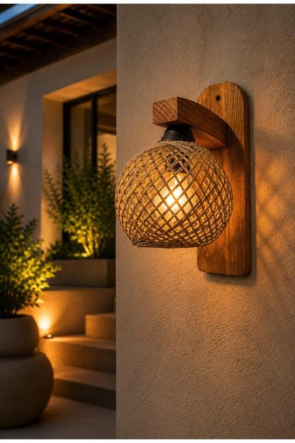 Doğal Ağaç Ahşap Aplik Cafe Ev Koridor Restaurant Hasır İpli Jüt Aydınlatma Kafe Restorant