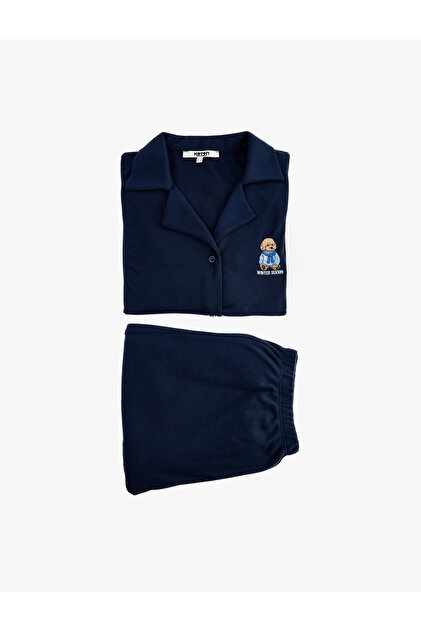 Comfortable Fit Buttoned Long Sleeve Shirt Collar Dog Embroidered Pajama Set