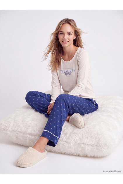 Two Mt Shop Quality Lcw Dream Navy Blue Printed Long Sleeve Women's Pajama Set