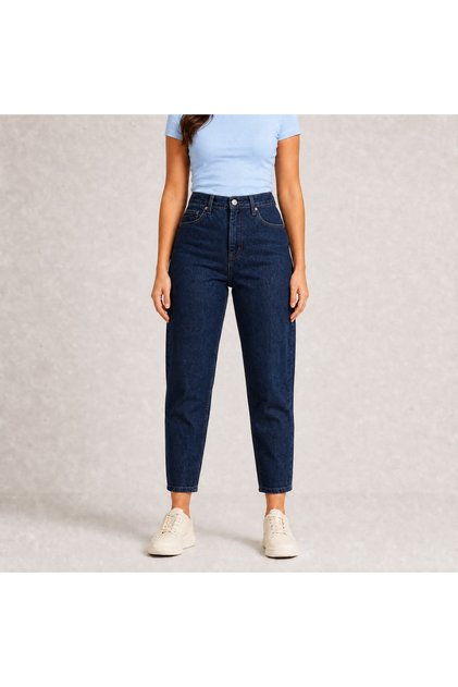 Dark Women's Dark Blue High Waist Lycra Trend Mom Jean