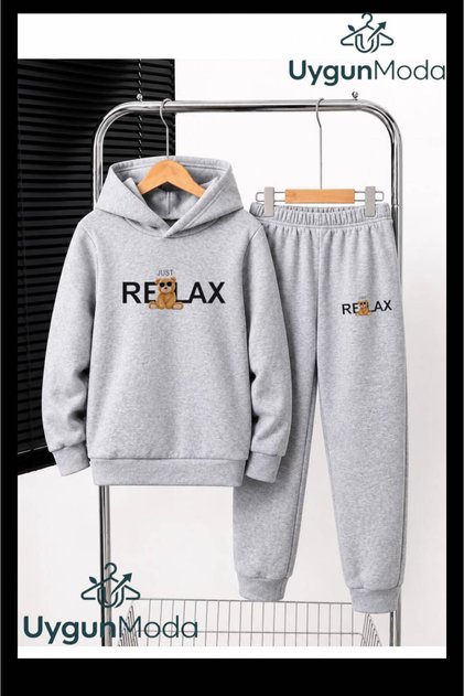 Relax Bear Printed Hooded Thick Cotton Inside Track Suit with Pockets Children's Top and Bottom Track Suit Set