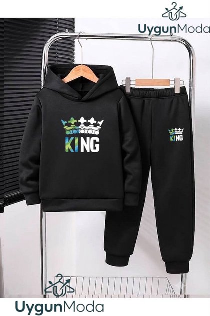 Colorful Crown Printed King Printed Hooded Thick Cotton Inside Children's Tracksuit with Pockets Children's Top and Bottom Tracksuit Set
