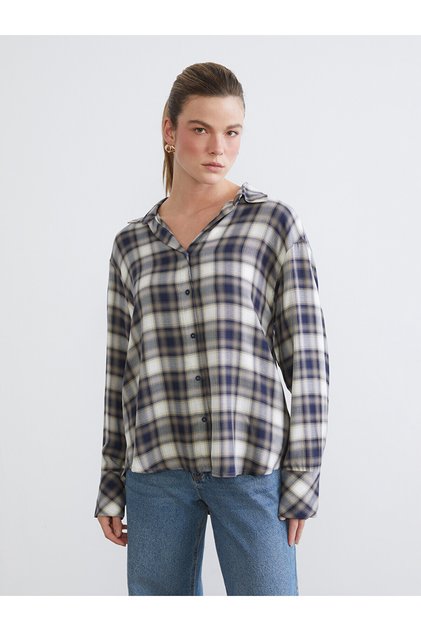 Lcwaikiki Classic Navy Blue Plaid Women's Shirt