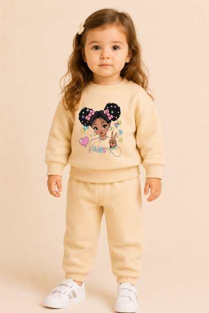Girl's Top and Bottom Set (Without Tassels) Girl Beige 100% Cotton