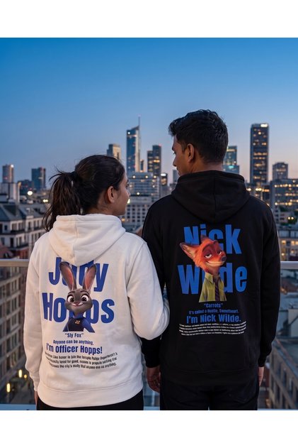 Lover - Friend Couple Combination Judy and Nick Back Printed Special Design Hooded Sweatshirt Set of 2